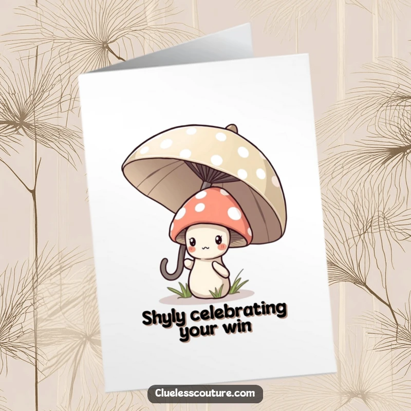 Free Printable Congrats Card: A shy mushroom character peeking from under a large polka dot umbrella, celebrating success with bashfulness.