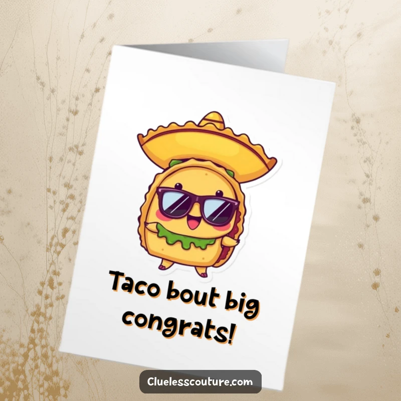 Funny Free Printable Congratulations Card with a cool taco in shades and sombrero, celebrating success with style.