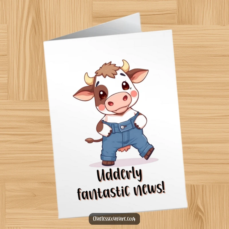 Funny Free Printable Congratulations Card: A bewildered cow hilariously failing to put on tight skinny jeans, a unique congrats.