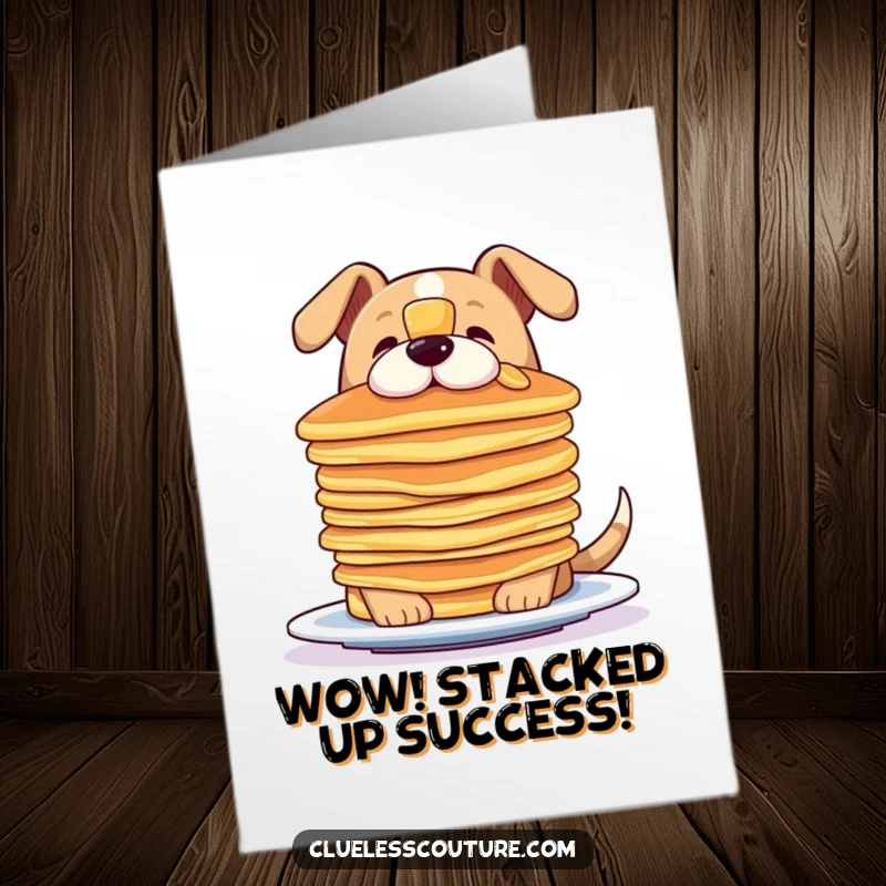Funny Free Printable Congratulations Card: A happy dog concentrating hard while balancing a precarious tower of pancakes on its snout.