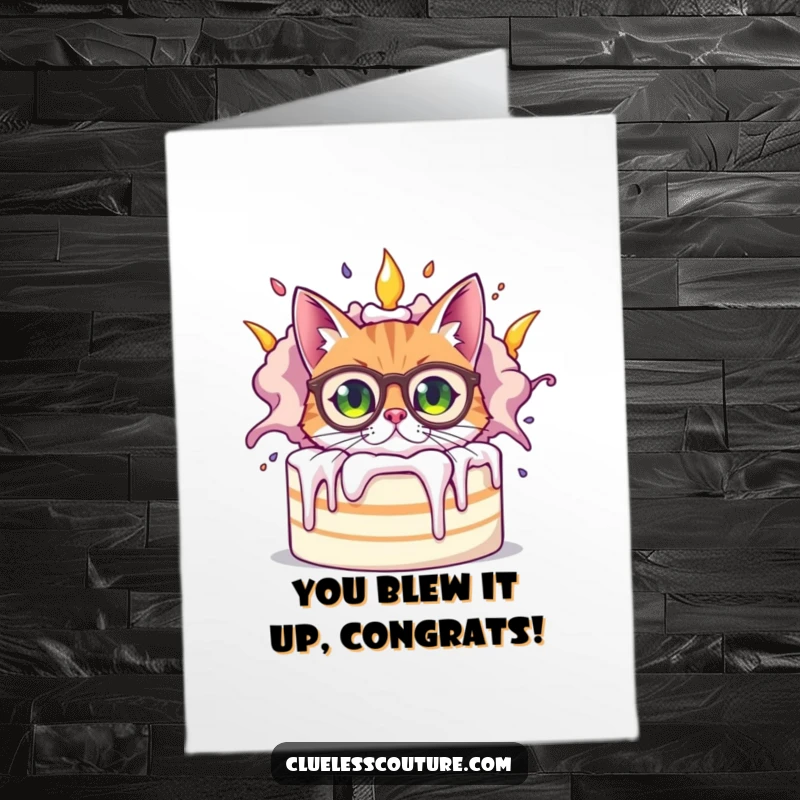 Funny Free Printable Congratulations Card: A wide-eyed cat with spectacles hides behind a massive, erupting cake, comically messy.