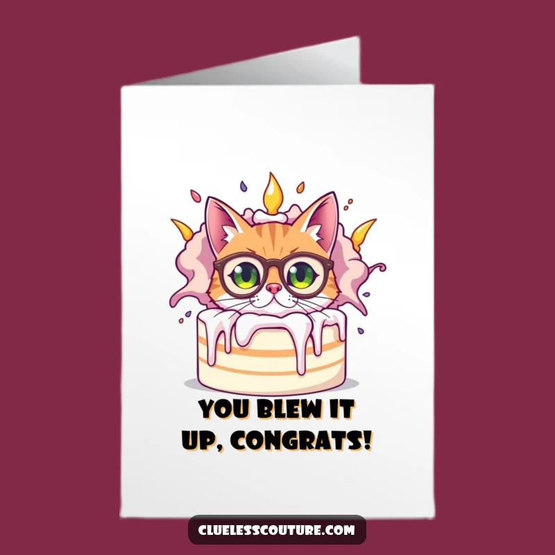 Free Printable Congrats Card: Cat Behind Exploding Cake, Funny Downloadable Greeting Surprise