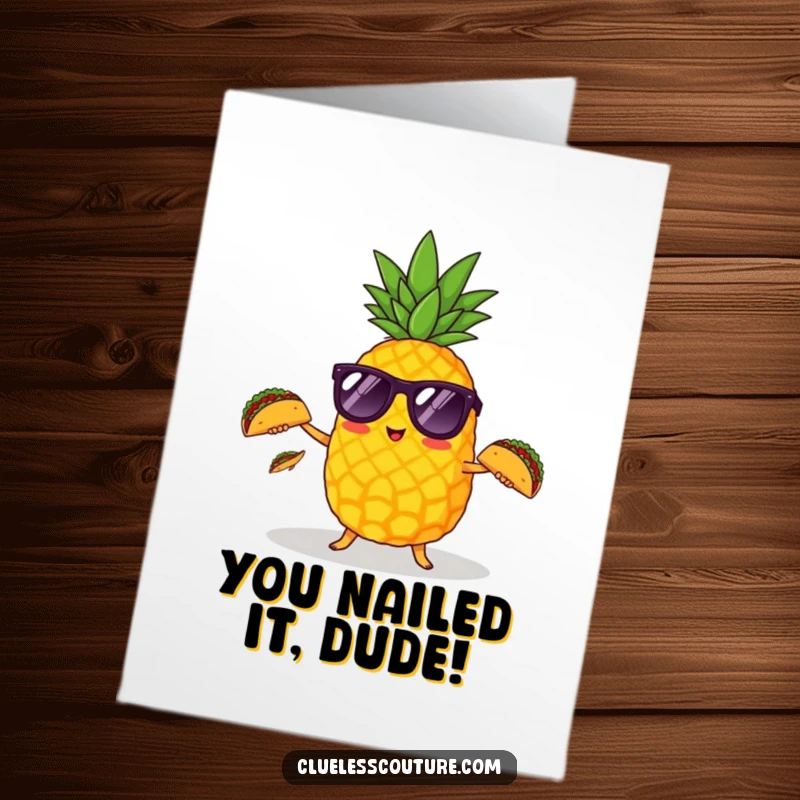 Funny Free Printable Congrats Card: A cool pineapple wearing sunglasses, skillfully juggling three small tacos, a festive celebration.