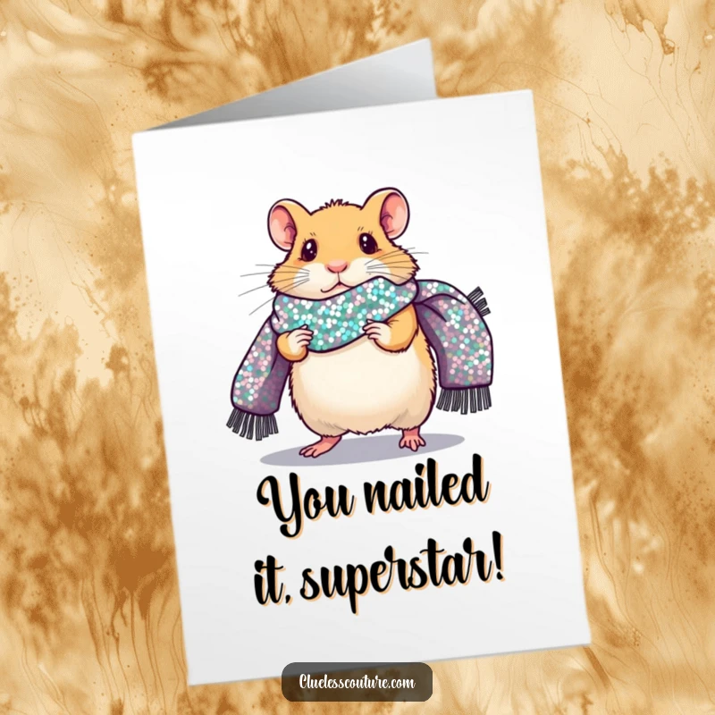 Funny Free Printable Congratulations Card: A nervous hamster on a runway with a dazzling sequined scarf, a star is born.