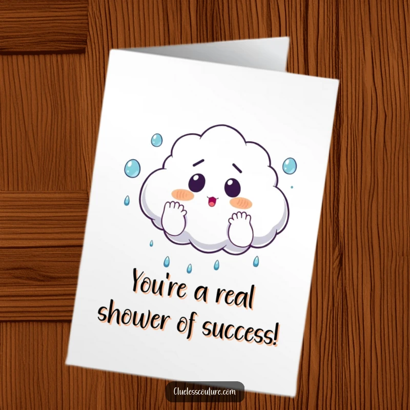 Funny free printable congratulations card showing a surprised cloud attempting to juggle raindrops with its fluffy hands, a lighthearted scene.