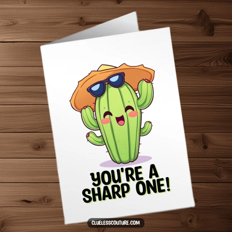 Funny Free Printable Congratulations Card: A cheerful cactus sporting a goofy sun hat, perfect for celebrating big wins.