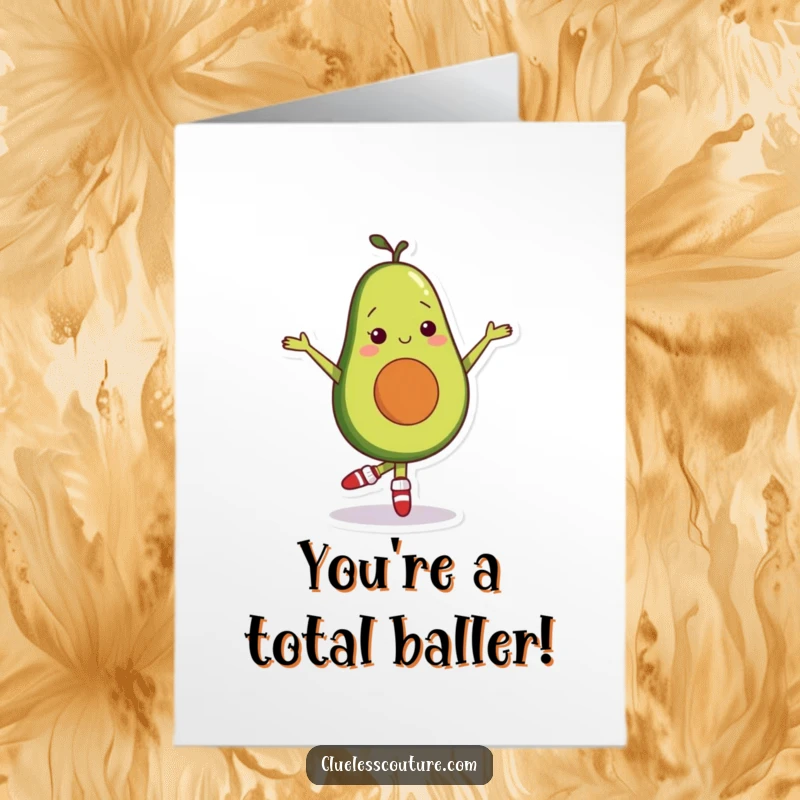 Funny Free Printable Congratulations Card: A shy avocado character in mismatched socks attempts a ballet move, celebrating a special moment.