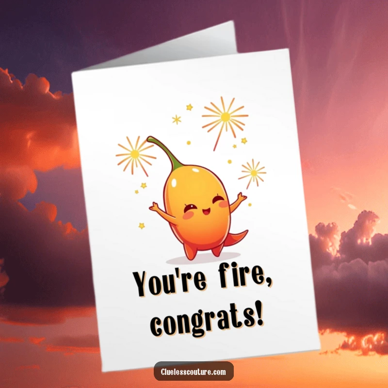 Funny Free Printable Congratulations Card: A chili pepper character joyfully juggling sparkling fireworks for a big win.