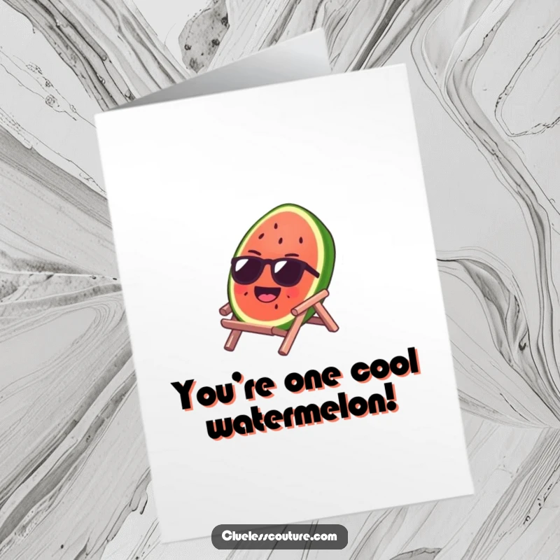 Funny free printable congratulations card featuring a laughing watermelon slice with sunglasses, sunbathing on a miniature beach chair, celebrating good times.