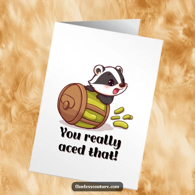 Funny free printable congrats card: badger surprised inside a barrel of pickles, rolling downhill in a comical way.