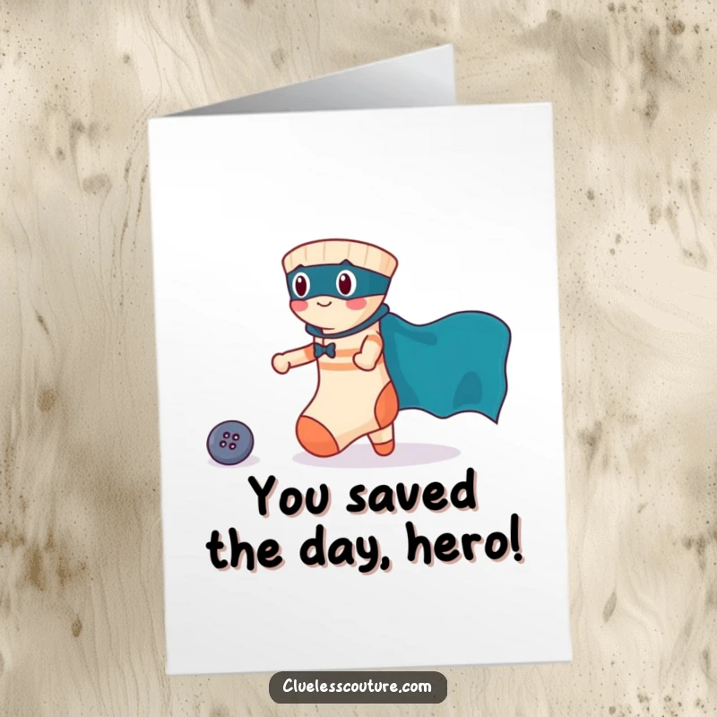 Funny free printable congratulations card showing a brave sock with a cape saving a lost button, a delightful heroic illustration.