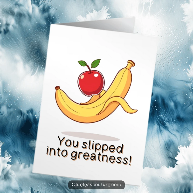 Funny Free Printable Congratulations Card: Banana peel slips comically, launching an apple, a hilarious way to celebrate.