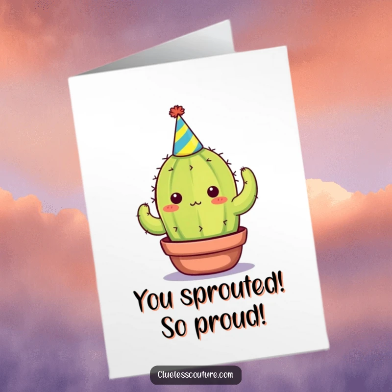 Funny Free Printable Congratulations Card showing a tiny party hat-wearing cactus looking overwhelmed but still cheering.