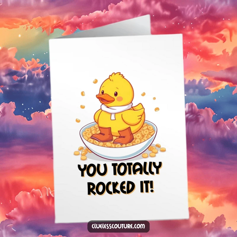 Funny Free Printable Congrats Card: A rubber duck in big boots wading through cereal, celebrating success with a splash.