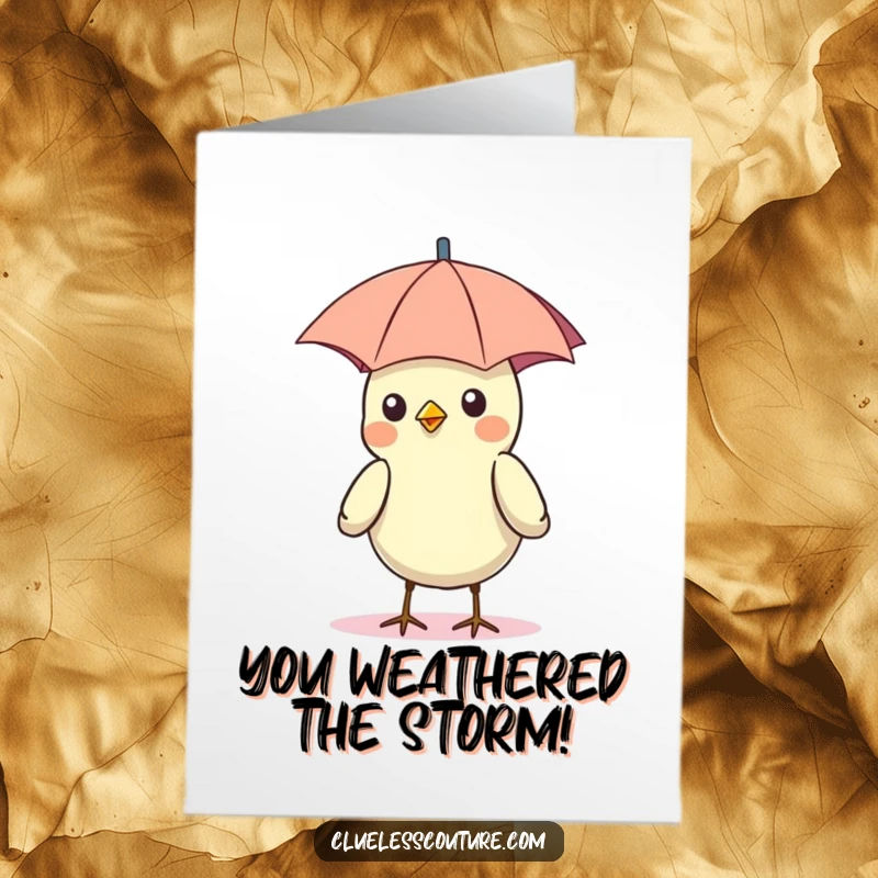 Amusing free printable congratulations card showing a bird finding joy with a tiny umbrella perfectly perched as a hat.