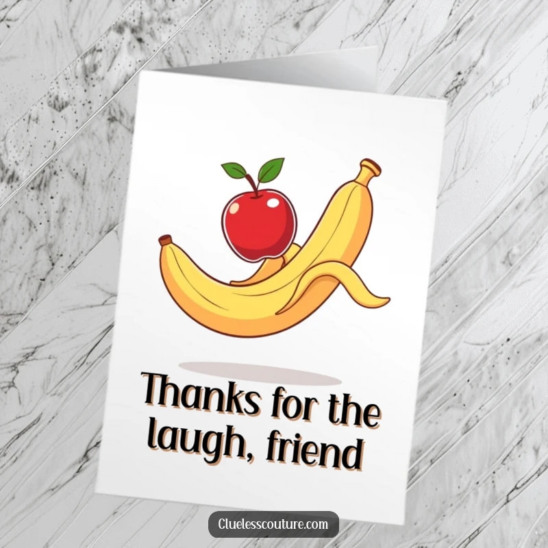 Funny Free Printable Thank You Card: Banana peel slip action sends an apple flying, a comical expression of gratitude.
