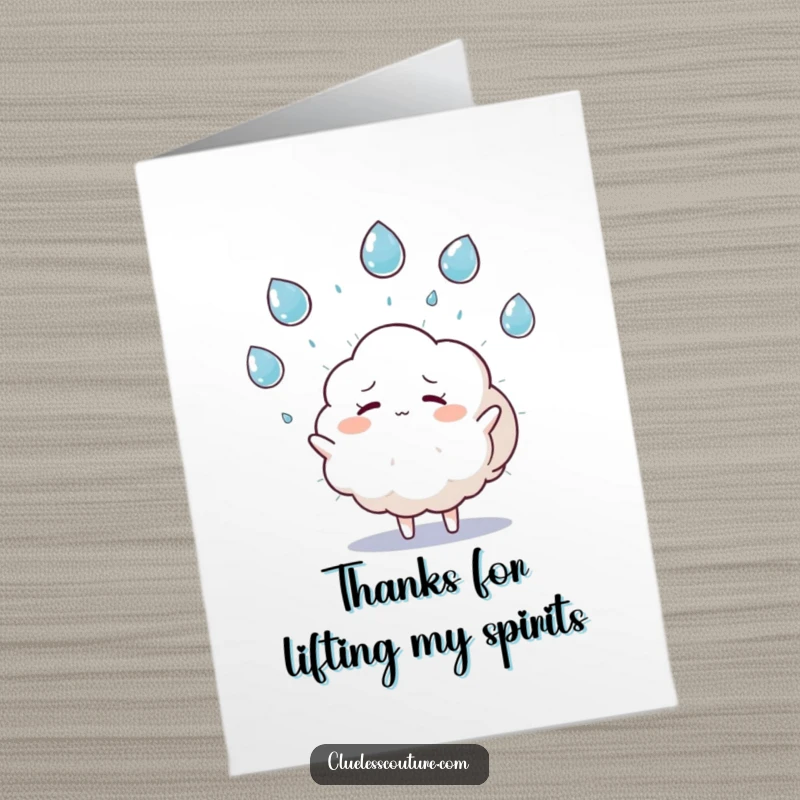Funny Free Printable Thank You Card: Overwhelmed cloud character juggles raindrops, offering a unique and funny way to express thanks.