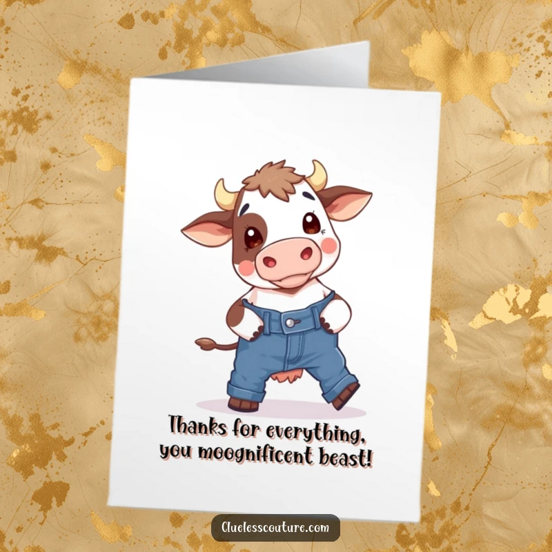 Funny Free Printable Thank You Card: A bewildered cow comically stuck in skinny jeans, a truly unique thanks.