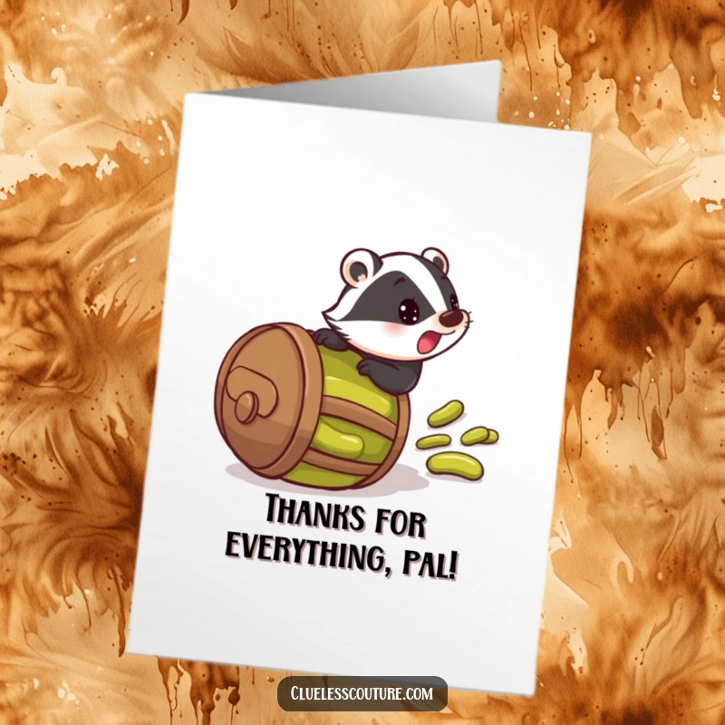 Funny free printable thank you card: badger startled in a barrel of pickles rolling downhill, a humorous thank you gesture.