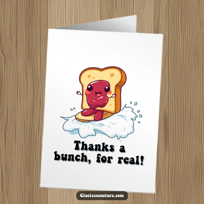 Funny free printable thank you card: toast surfing on a jam wave, expressing gratitude with a sweet surf.