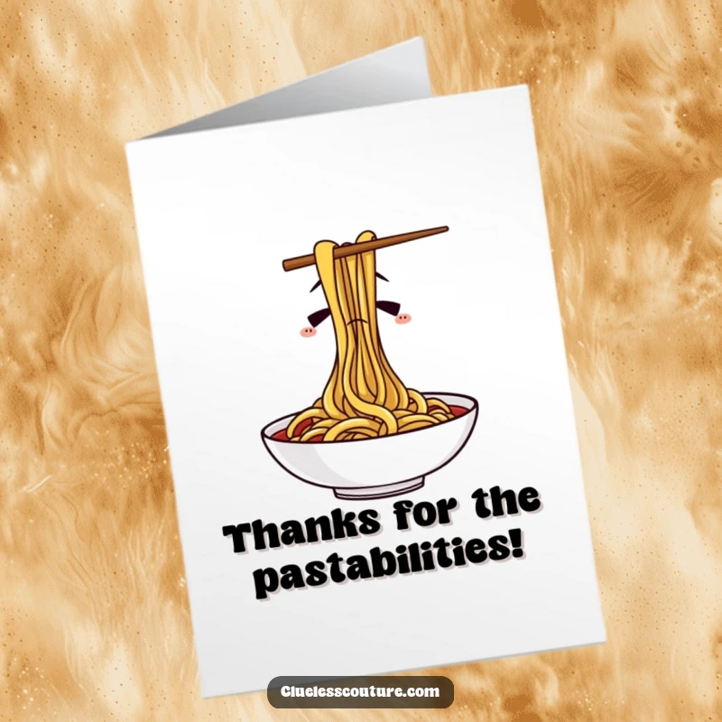 Funny Free Printable Thank You Card: Confused chopsticks navigate spaghetti, offering a unique and humorous way to say thanks.