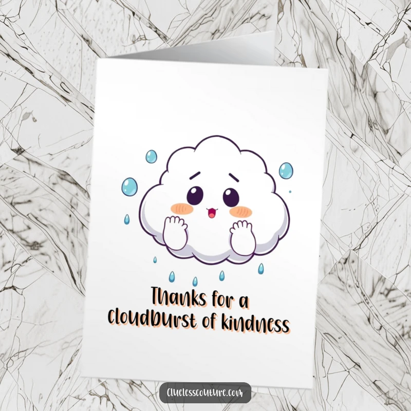 Funny free printable thank you card featuring a surprised cloud juggling raindrops with its hands, a cute and humorous weather theme.