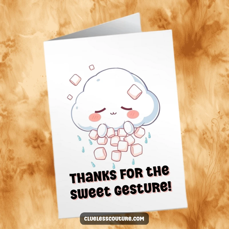 Funny Free Printable Thank You Card of a sleepy cloud raining marshmallows, a cute and humorous way to say thank you.