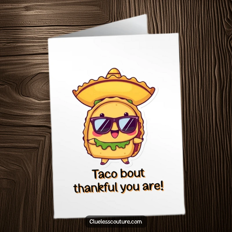 Funny Free Printable Thank You Card featuring a proud taco with sombrero and sunglasses, a stylish way to say thanks.