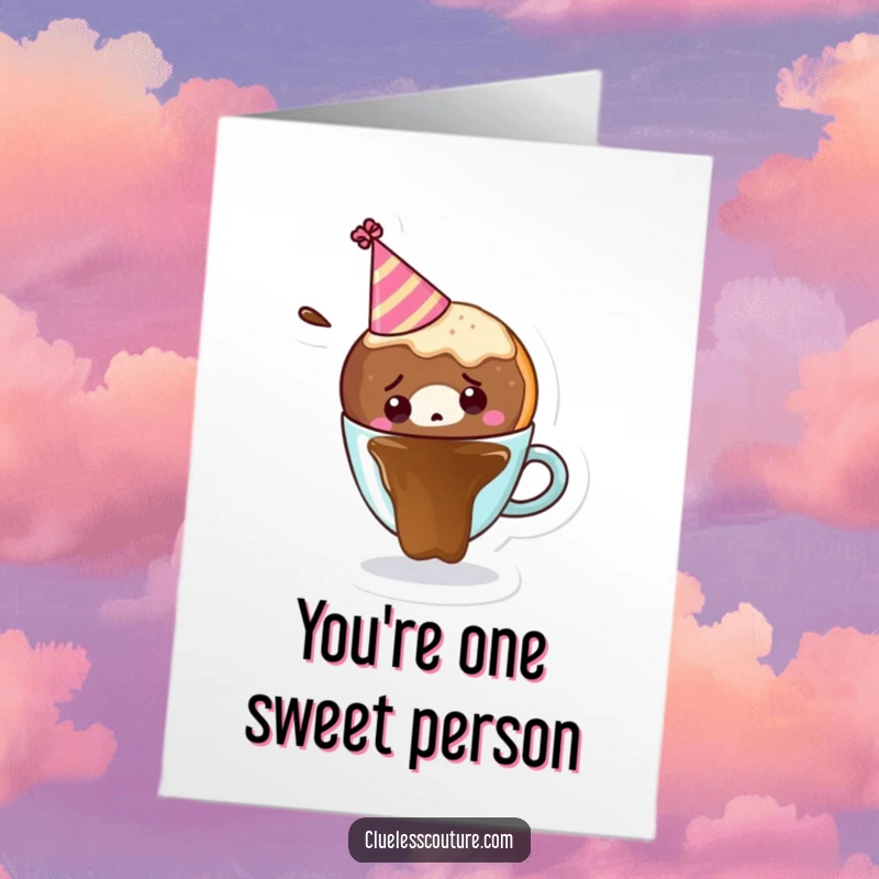 Funny Free Printable Thank You Card: A donut in a party hat looks surprised as it falls headfirst into a coffee cup, saying thanks.