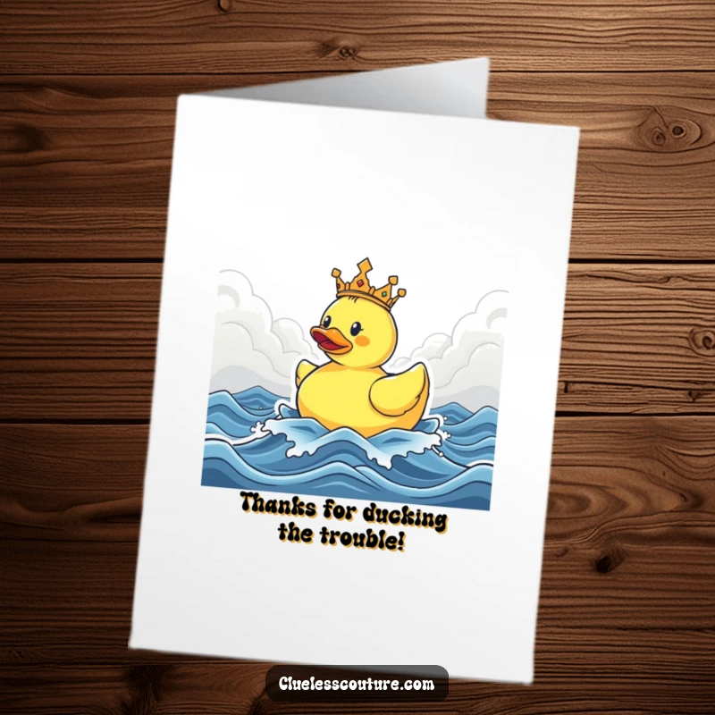 Funny Free Printable Thank You Card: A triumphant crowned rubber ducky floats on stormy seas, expressing thanks with humor.