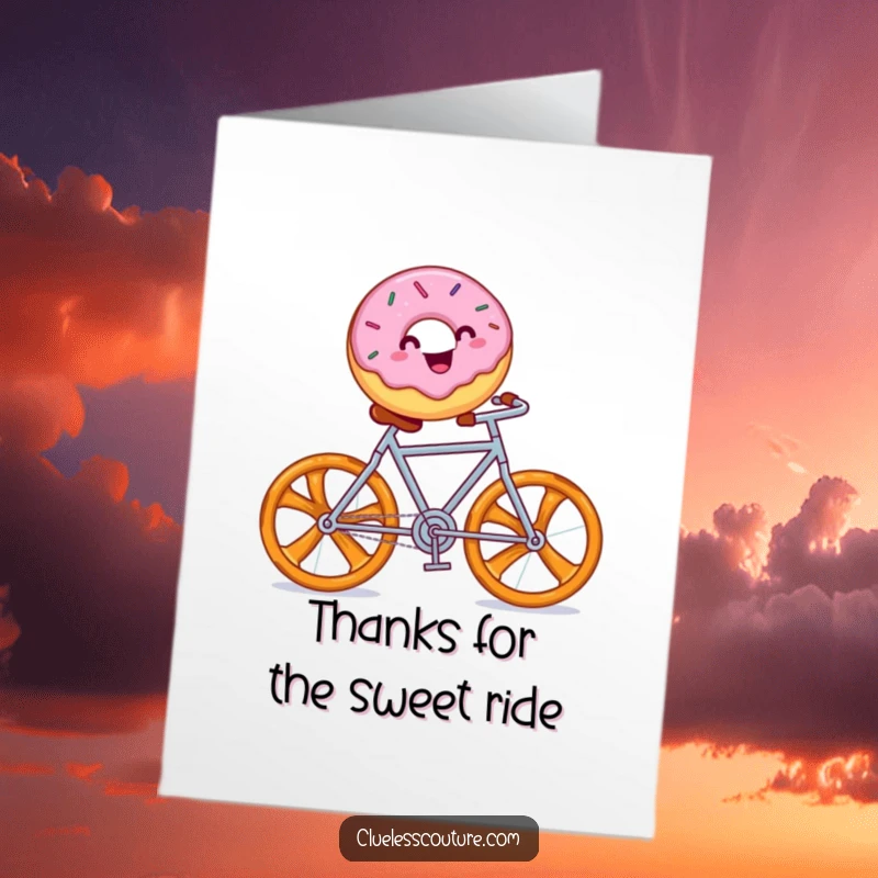 Funny Free Printable Thank You Card: Cheerful donut with sprinkles happily rides a pretzel bicycle.