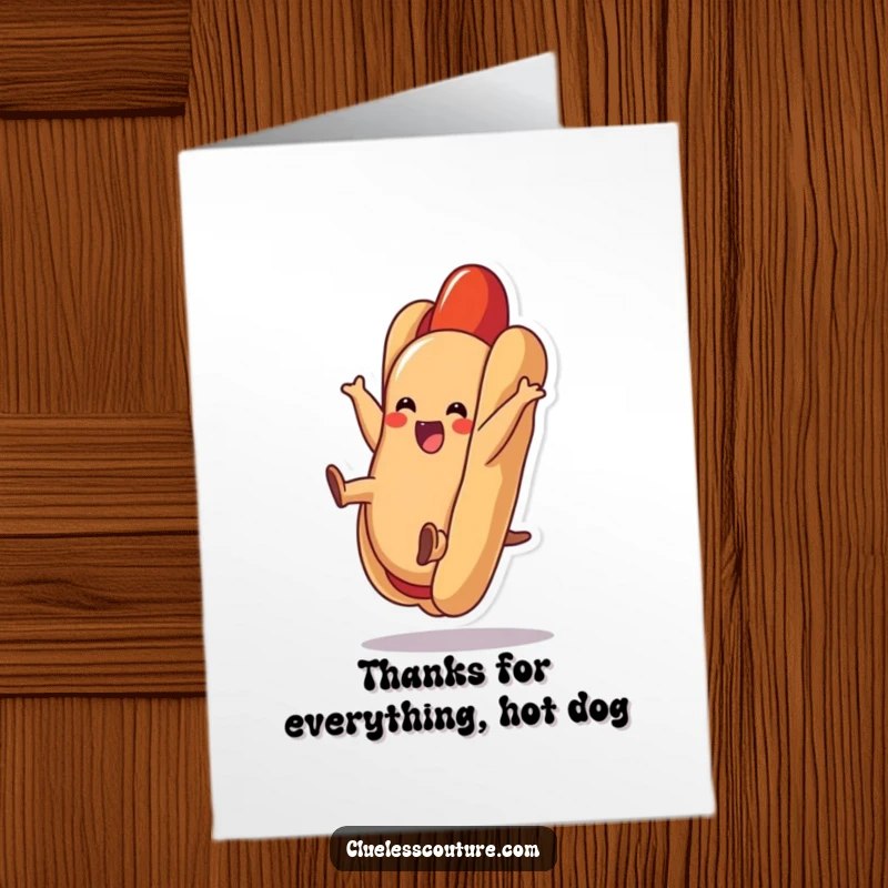 Funny Free Printable Thank You Card: A delighted hot dog character cartwheeling inside its bun, offering a fun thank you.