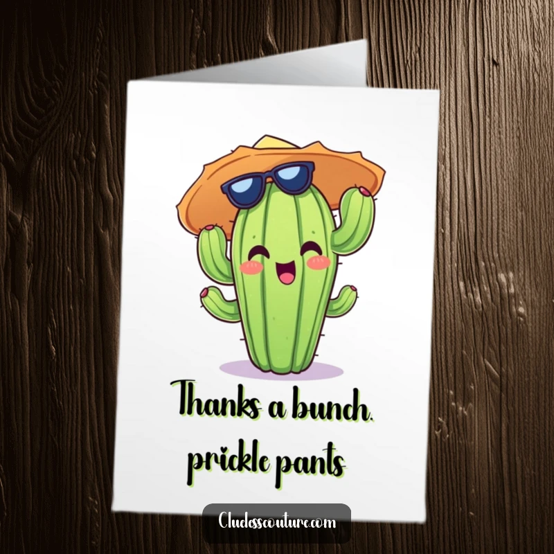 Funny Free Printable Thank You Card: A cactus wearing a ridiculous sun hat, offering thanks with a quirky charm.