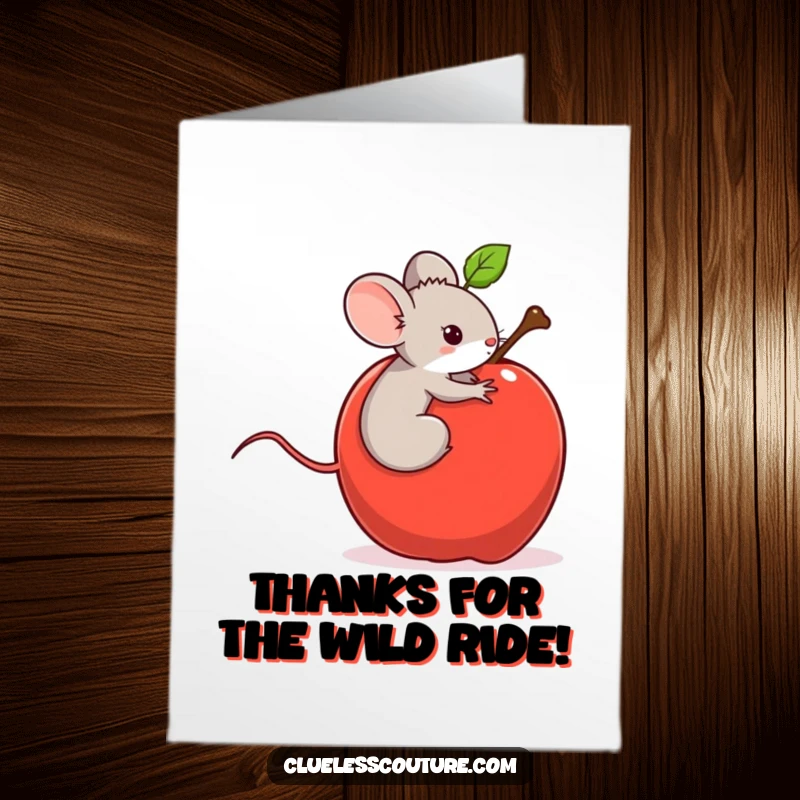 Funny free printable thank you card of a tiny mouse accidentally riding a runaway apple downhill, expressing thanks for an eventful experience.