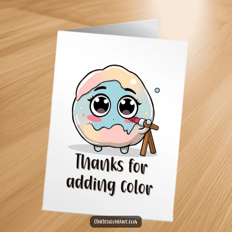 Funny Free Printable Thank You Card of a paint blob with googly eyes holding a brush, hilariously trying to paint its own thank you note.