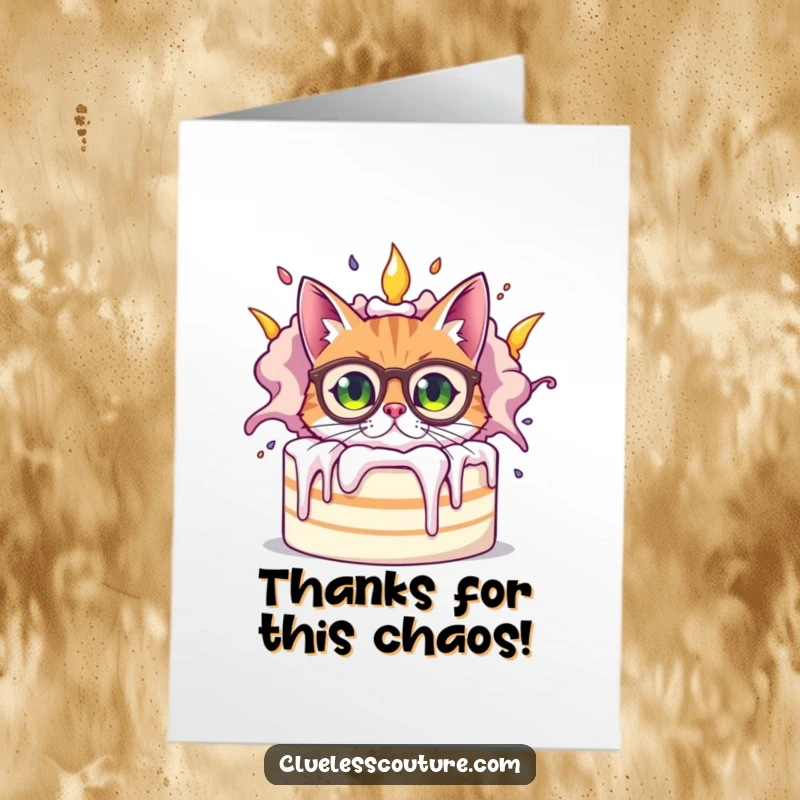 Funny Free Printable Thank You Card: A bewildered cat with glasses peeks from behind a giant cake that's actively exploding, a sweet disaster.
