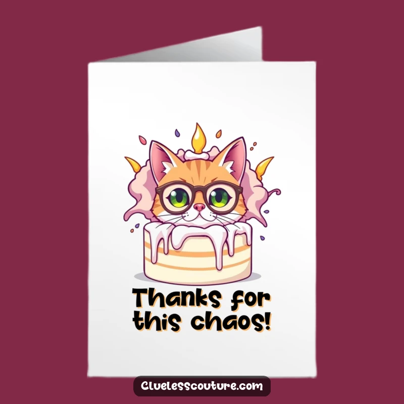 Funny Free Printable Thank You Card: Cat & Exploding Cake, Humorous Downloadable Appreciation