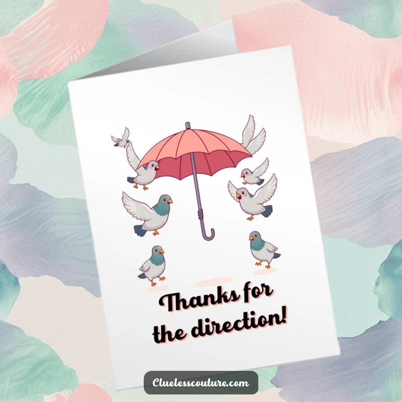 Funny Free Printable Thank You Card: Pigeons in a state of confusion trying to fly away from a single, small umbrella, bird drama.