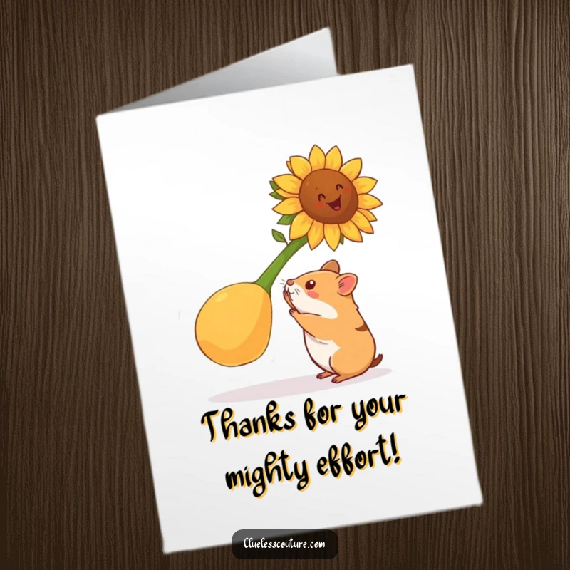 Funny Free Printable Thank You Card: A small hamster sweats attempting to lift a single, disproportionately huge sunflower seed.