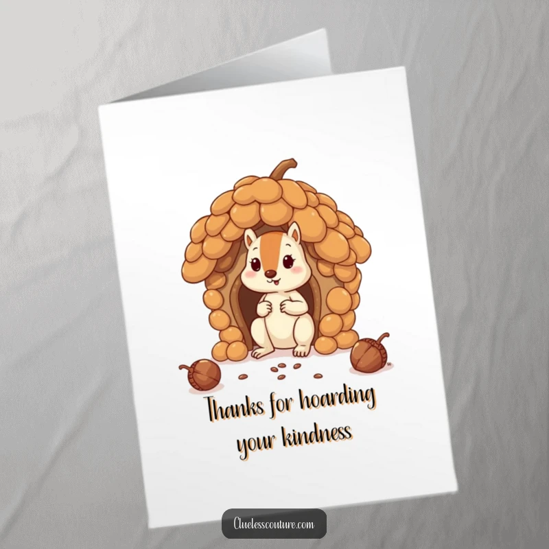 Funny Free Printable Thank You Card: A squirrel humorously building with oversized acorns, offering thanks with a nutty grin.