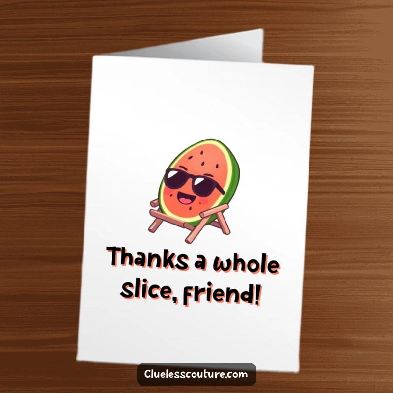 Funny free printable thank you card of a laughing watermelon slice in sunglasses, sunbathing on a tiny beach chair, offering a cool and cheerful thank you.