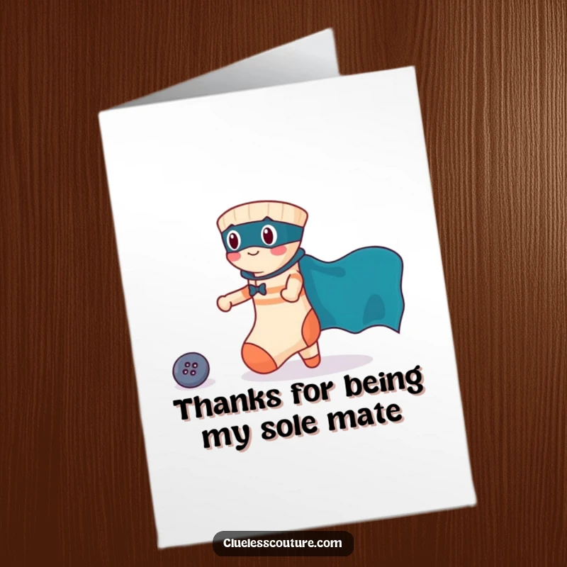 Funny free printable thank you card where a brave sock in a superhero cape is rescuing a lost button, a cute scene.