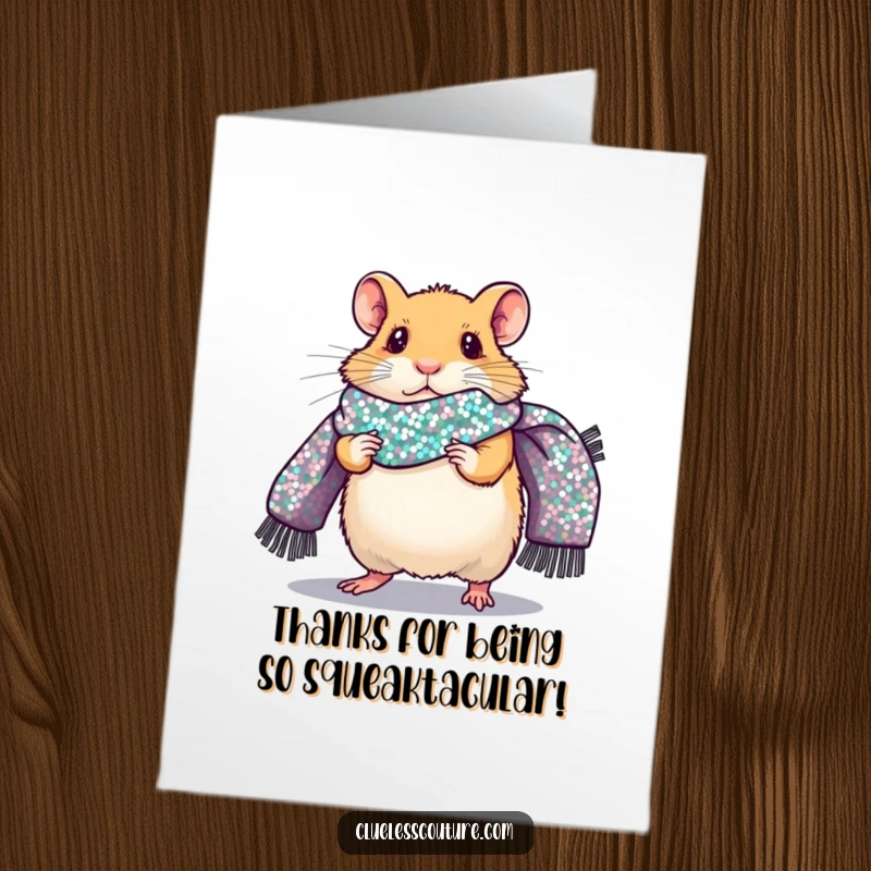 Funny Free Printable Thank You Card: A timid hamster modeling a giant sequined scarf on a catwalk, thanks a bunch.