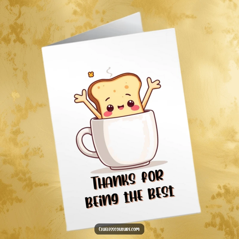 Funny Free Printable Thank You Card: Toast character falling into coffee offers a comical, breakfast-themed way to express thanks.