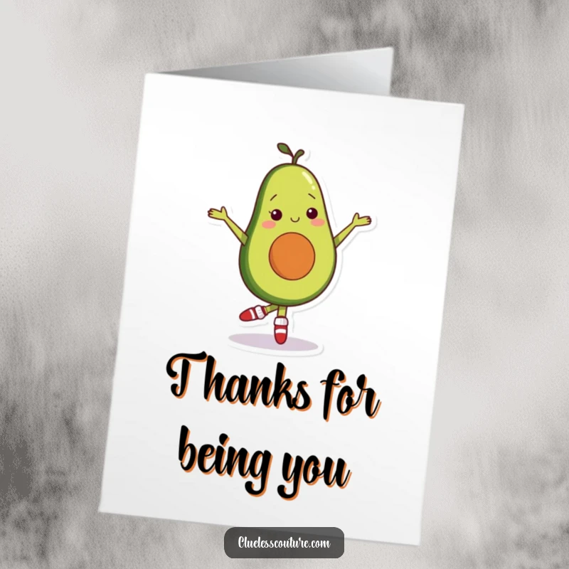 Funny Free Printable Thank You Card: A shy avocado wearing mismatched socks performs a ballet pose, expressing heartfelt appreciation.