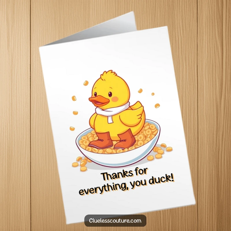 Funny Free Printable Thank You Card: A rubber duck in oversized boots messily wading through a bowl of cereal.