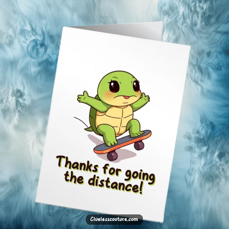 Funny free printable thank you card: a turtle comically attempts to skateboard uphill, showcasing determined effort, a downloadable thank you.