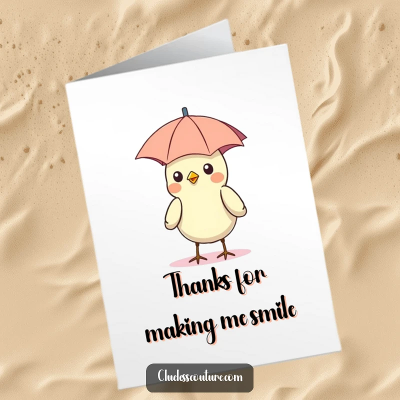 Charming free printable thank you card depicting a bird humorously wearing a small umbrella as a sun hat.