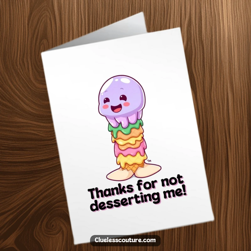 Funny Free Printable Thank You Card: A wobbly jelly character balances uncertainly atop a stack of rapidly melting ice cream cones.