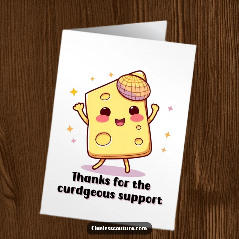 Funny Free Printable Thank You Card: A dancing slice of cheese under a disco ball, offering thanks with a fun, cheesy flair.